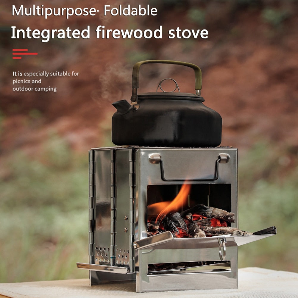 Mini Outdoor Firewood Stove Portable Camping Picnic BBQ Travel Folding Stainless Steel Wood Stove Charcoal Cooking Grill