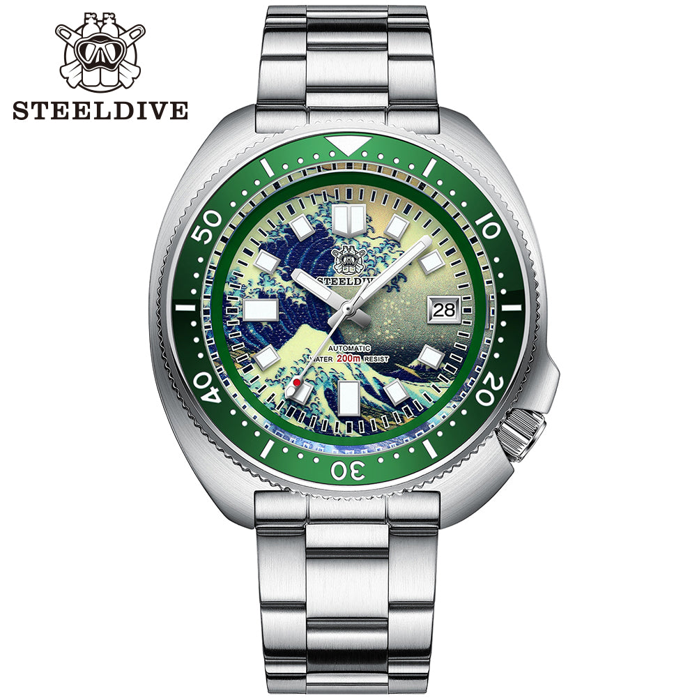 STEELDIVE SD1970J Kanagawa Turtle Mens Automatic Self-Wind Mechanical Sea Wave Full Luminous Dial Ceramic Bezel NH35 Dive Watch