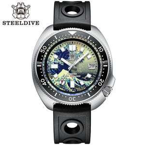 STEELDIVE SD1970J Kanagawa Turtle Mens Automatic Self-Wind Mechanical Sea Wave Full Luminous Dial Ceramic Bezel NH35 Dive Watch