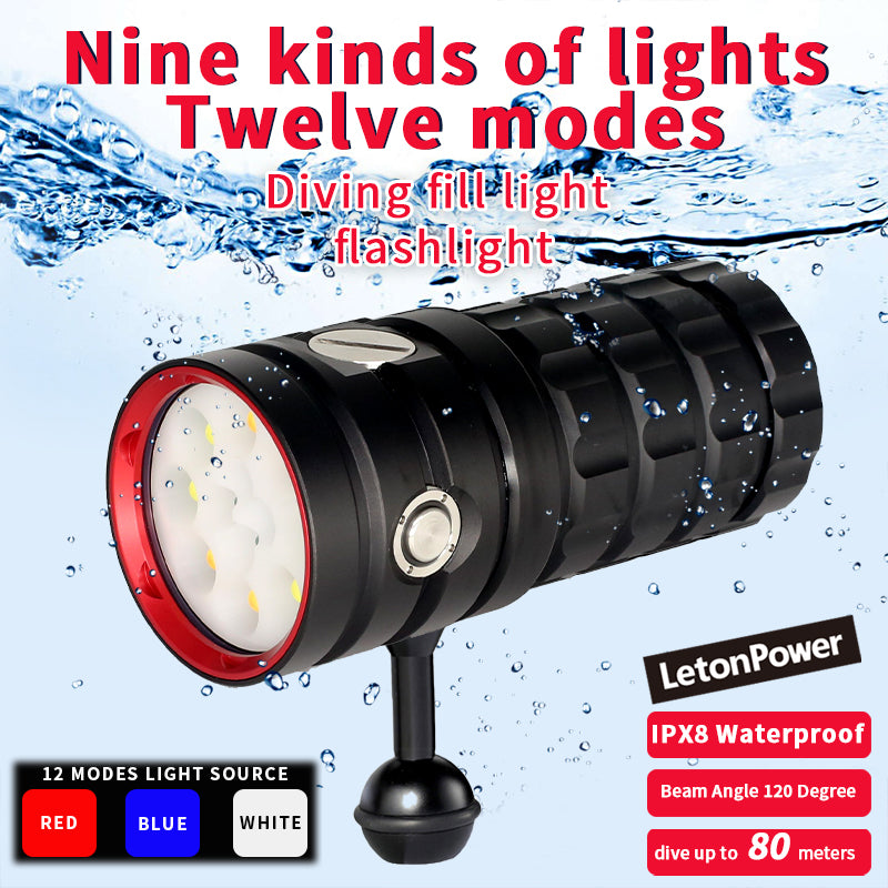 LetonPower Diving Flashlight 25000Lumens underwater flashlight 100m scuba dive light Type-C Charging underwater video light